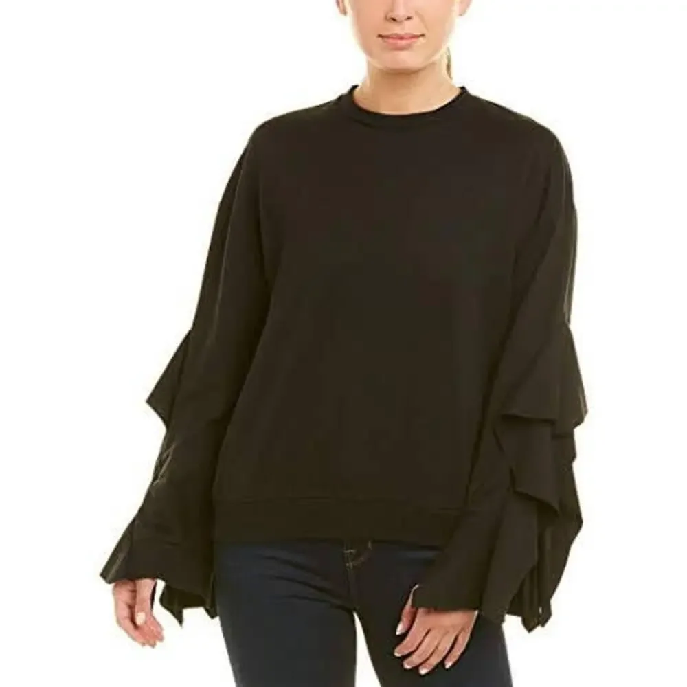 New J.O.A. Medium Ruffle Tie Sleeve Sweatshirt Black Pullover French Terry Top - Picture 1 of 6